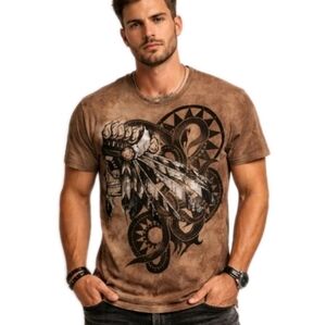KONQUEST PLATINUM Indian Skull Print Embellished Tee in Brown TieDye In Med